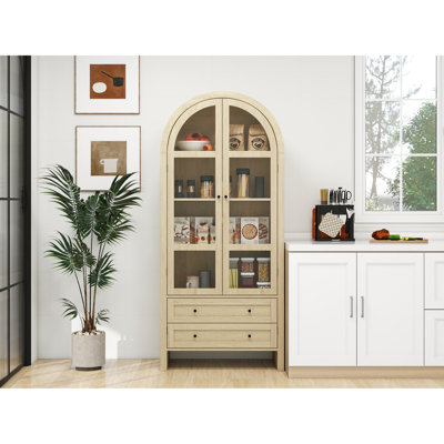 Unité arquée 71,31 po avec porte en acrylique transparent, 4 stratifiés intérieurs et plateau de rangement pour porte magnétique élégant, 2 tiroirs, charnière en métal à 180 degrés