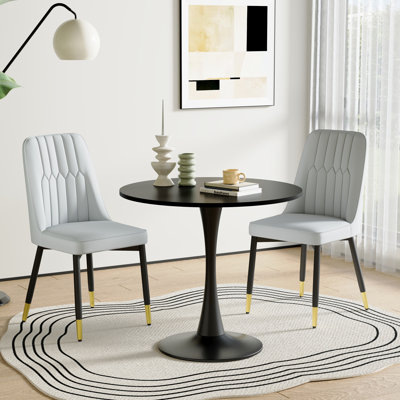 Modern 3-Piece Round Dining Set, Black Pedestal Table  Tufted Chairs