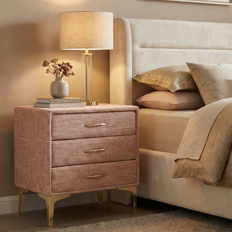 Elegant Upholstered Nightstand Fully Assembled, White/Ginger Textured 