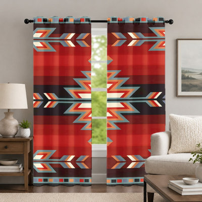 2Pcs Plaid Geometric Curtains, Southwestern Style Window Drapes, Retro Tribal Pattern Printed Grommet Panels, Decorative Window Treatment for Living Room Bedroom