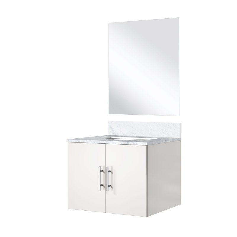 24 po L x P 22 po. Meuble-lavabo simple blanc brillant - comptoir en marbre et miroir à fermeture en douceur, espace de rangement spacieux, comptoir à gratter et à teindre