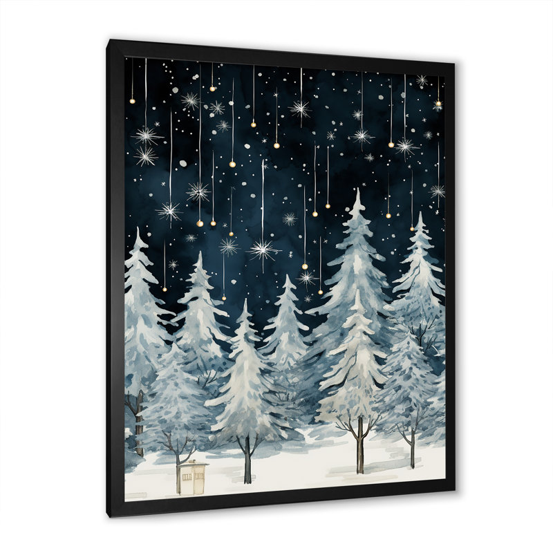 Winter Pine Tree Starry Night Sky I - Tree Pine Wall Art, Black Single Picture Frame, 32" H x 24" W x 1" D