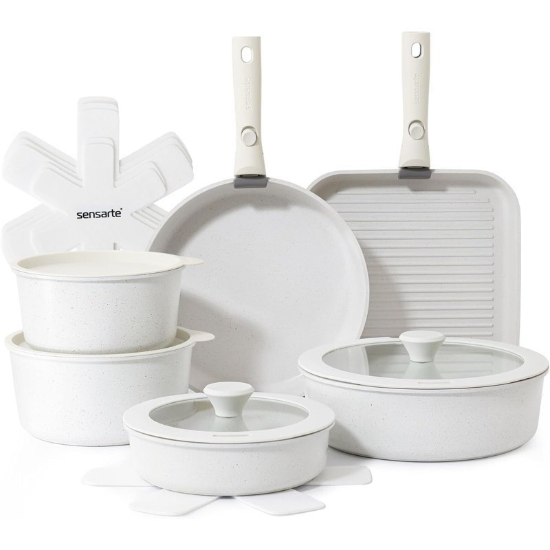 SENSARTE Nonstick Ceramic 17 Piece Pots And Pans Set With Removable Handle, Include Griddle, Dishwasher ＆ Oven Safe, PTFE/PTAS/PFOA Free