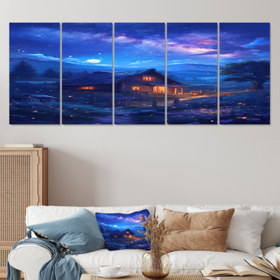 Maison de campagne sur la montagne, nuit magique - campagne, ensemble de 5 décorations murales