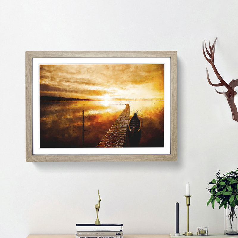 Docked Boat During an Orange Sunset - Picture Frame Painting Print, 62cm H x 87cm W x 2cm D, Oak Framed