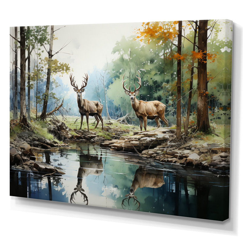«Deer Majestic Reflections - Deer», reproduction d'art sur toile encadrée, H 16 po x l 32 po x P 1 po, Toile tendue