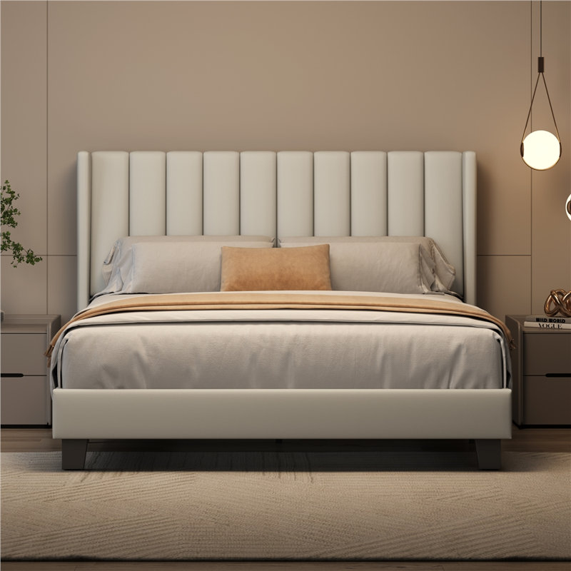 Upholstered Bed Frame with Channel Tufted Headboard, Kingsize (5'), PU Leather/Cream