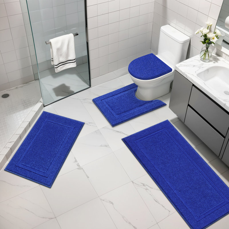 Ensemble de tapis de bain en microfibre 4 pièces avec envers antidérapant, Bleu