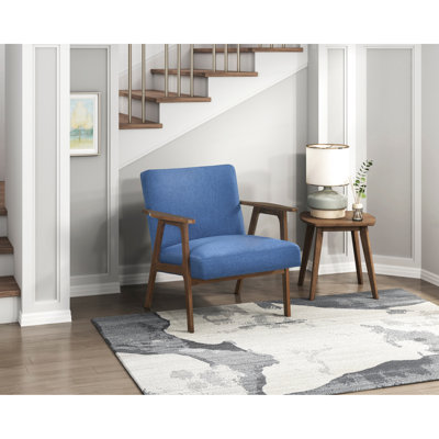 Fauteuil d'appoint moderne avec accoudoirs rembourrés en tissu bleu, structure en bois massif, chaise Mid-Century de 300 lb avec un design élégant, siège enveloppé, accent sur le salon