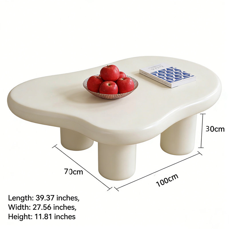 39.37" L Cloud-Shaped Coffee Table, 27.56" W Cream Irregular Center Table with 4 Thick Legs for Living Room