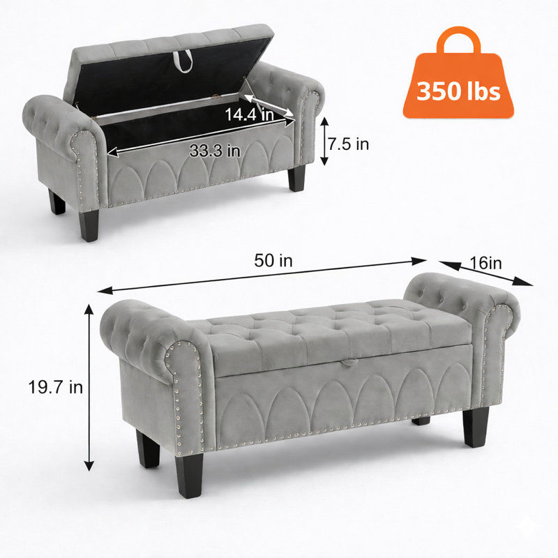 50" Upholstered Storage Bench With Nailhead Trim, Gray