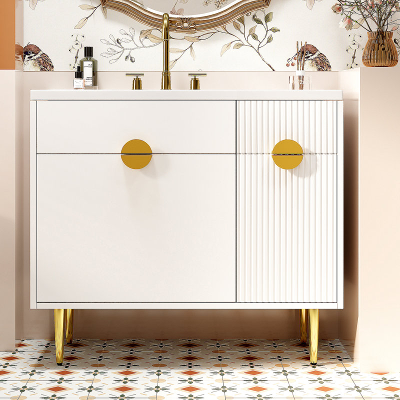 Armoire de salle de bain moderne 36 po, lavabo en résine, grand abattant, compartiment, meuble-lavabo contemporain teinté, rangement spacieux, poignée unique