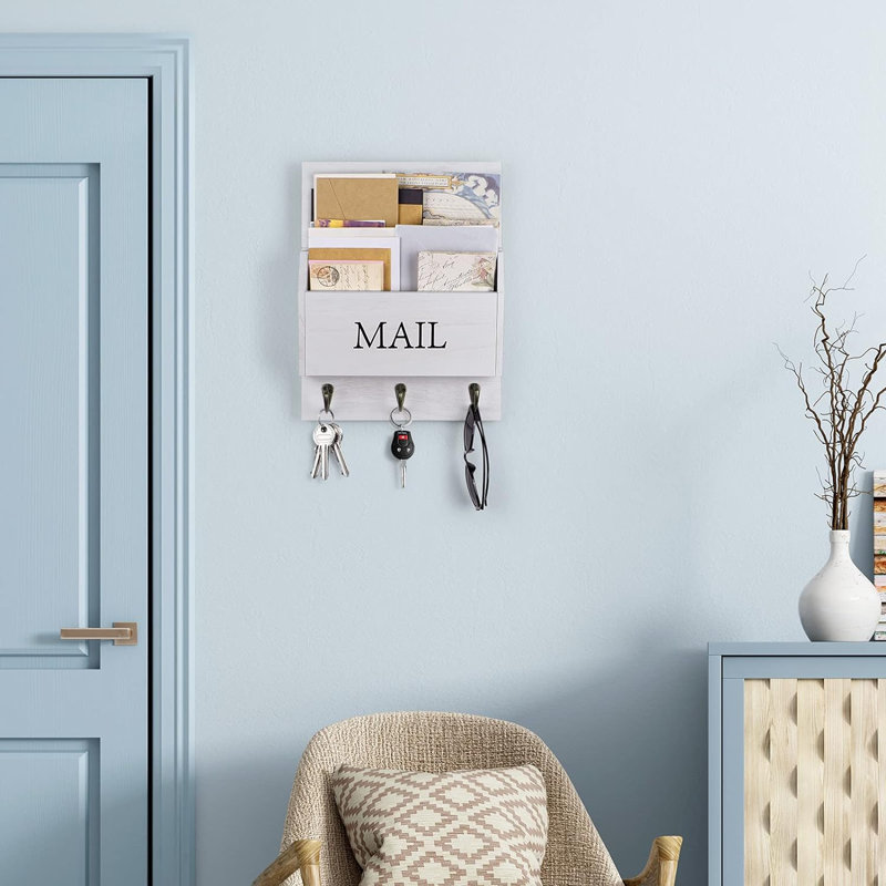 Organisateur de courrier avec support à clé pour trieur de courrier mural, support de courrier en bois avec 3 crochets, blanc