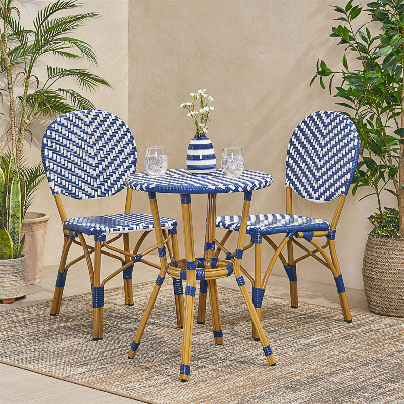 Ensemble d'extérieur 3 pièces en aluminium bleu marine avec finition en bambou