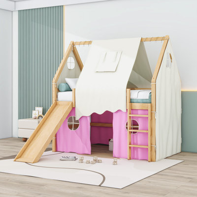 House Style Loft Bed with Built-in Slide, Tent, Ladder, Lights and Guardrails