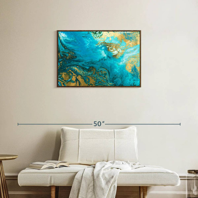 Texture bleue et dorée Phung, 31 po x 21 po, Cadre flottant noyer