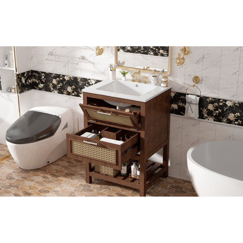 Meuble-lavabo de 24 po avec lavabo attaché, conception compacte et spacieuse, poignées en fer, adultes faciles à assembler, ajustement à 4 robinets, aspect contemporain brun foncé