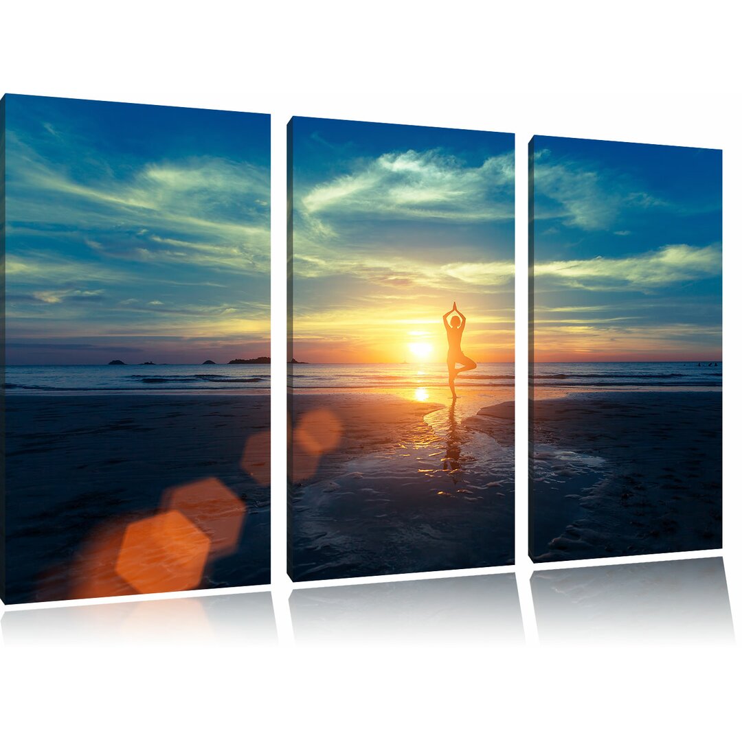 3-tlg. Leinwandbilder-Set Yoga Silhouette bei Sonnenuntergang am Strand, Fotodruck