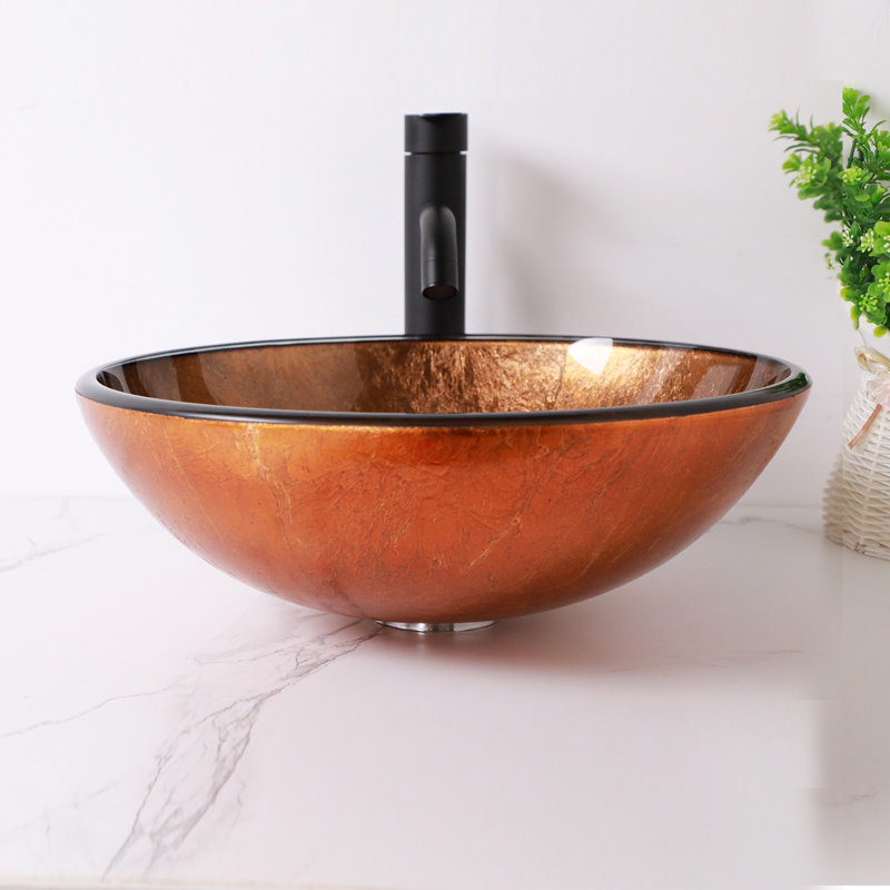 15" L x 15" W Glass Bathroom Vessel Sink Antique Brass Tempered Glass Above Counter Sink with Drain