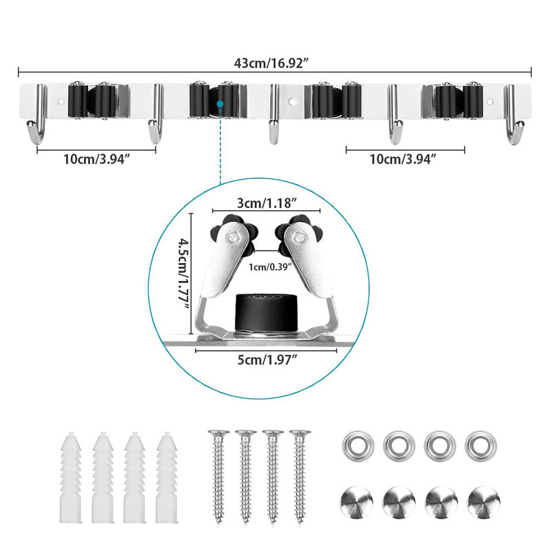 Stainless Steel Broom Storage with 4 Racks and 5 Hooks, Black