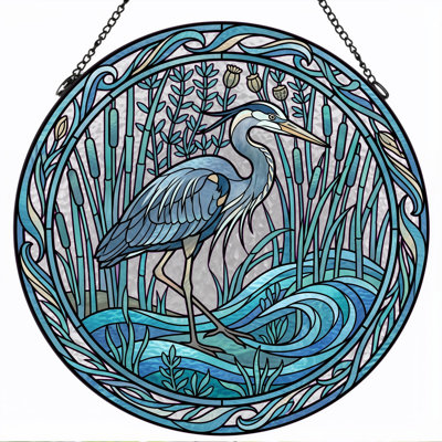 Heron Wetland Stained Glass Window Panel，12"H