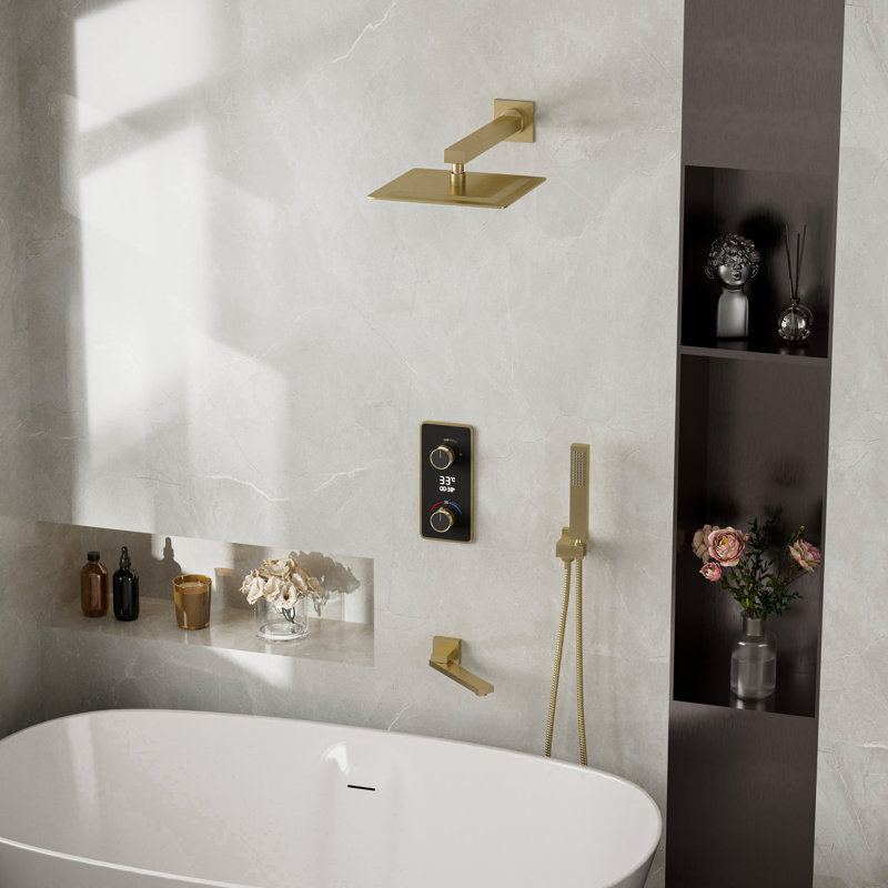 Thermostatic Complete Shower System With Rough In-Valve With Faucet Rain Shower Head, Brushed Gold
