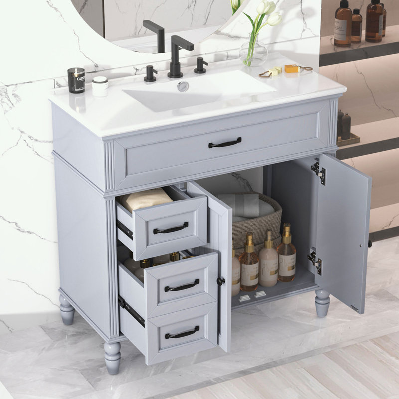 Meuble-lavabo avec lavabo et trois tiroirs, Gris
