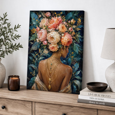 Élégante œuvre florale de portrait de femme aux cheveux, images de chambre à coucher, impression sur toile encadrée