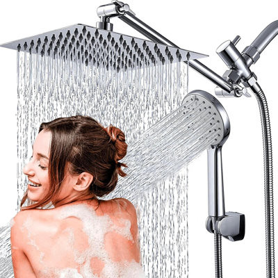 Pomme de douche chromée avec pomme de douche à effet de pluie haute pression de 8 pouces / bras de douche portatif avec bras d'extension de 11 po et 3 réglages