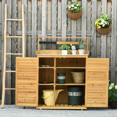 Table de jardin en bois de sapin massif, 3 tablettes, 2 portes magnétiques, crochets, jaune, L 34,4 po x l 17,71 po H 48,01 po
