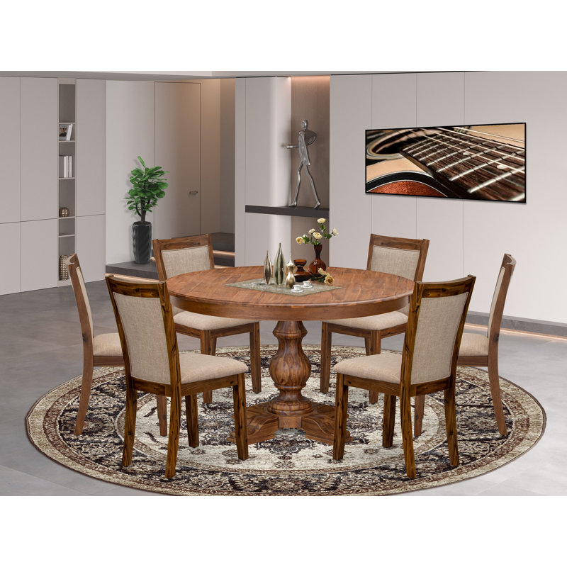 7-Pc Kitchen Table Set Includes a Pedestal Breakfast Table and 6 Light Tan Linen Fabric Chairs with Padded Back - Antique Walnut