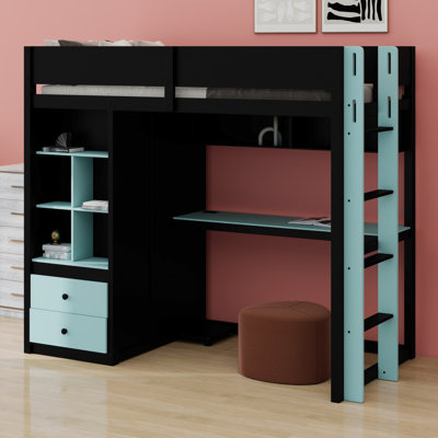 Lit mezzanine haut avec bureau et garde-robe, bande lumineuse à DEL de contrôle Smart APP et ports de charge USB