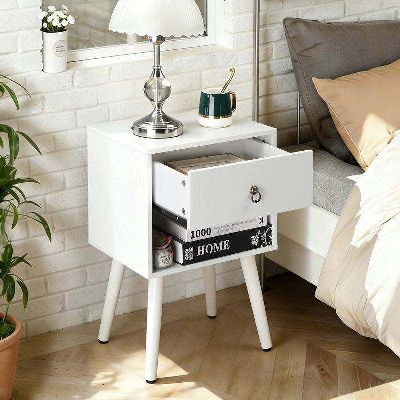 15.0" White & Oak Nightstand, P2 Particleboard & Solid Legs, Matte Melamine, Ring Handle, 1 Drawer, White