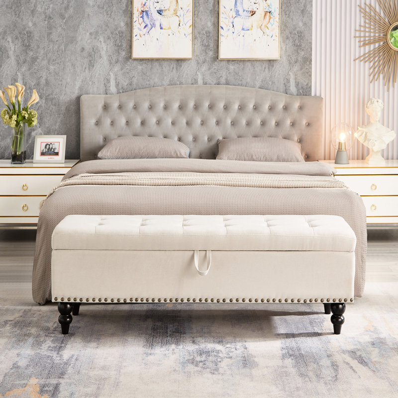 Banc de lit multifonctionnel de 59 po en tissu beige, design contemporain pour un espace de vie confortable avec rangement beige, style espace de vie
