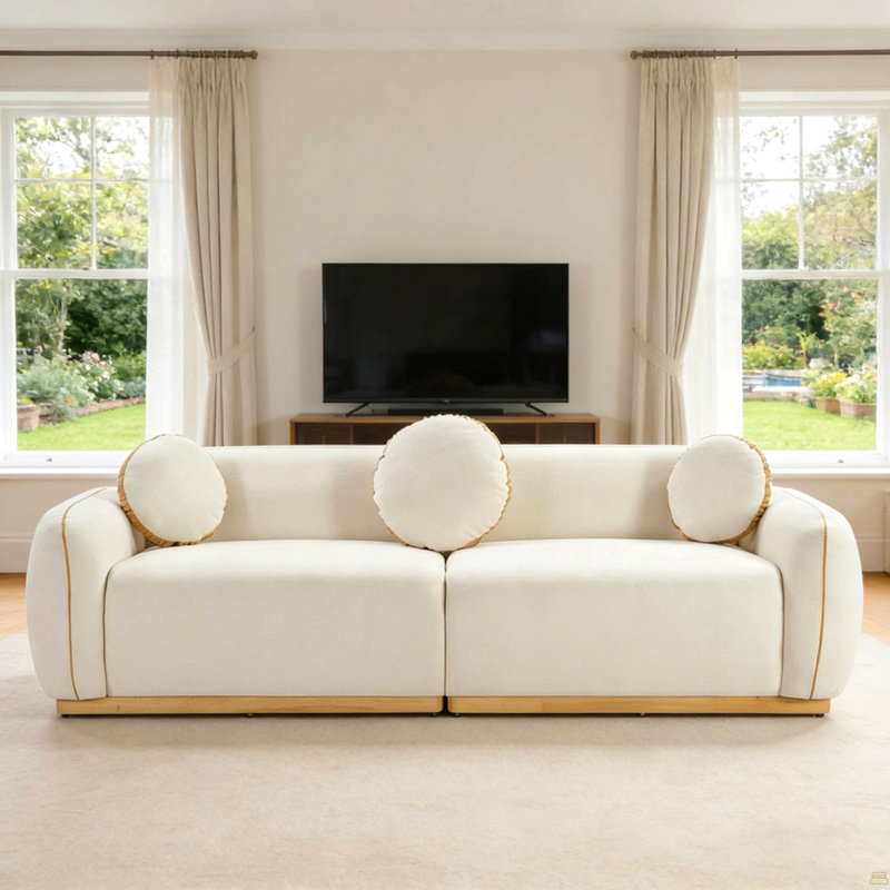 Ensemble de canapés modernes 90,94 po, 3 coussins décoratifs ronds, Blanc