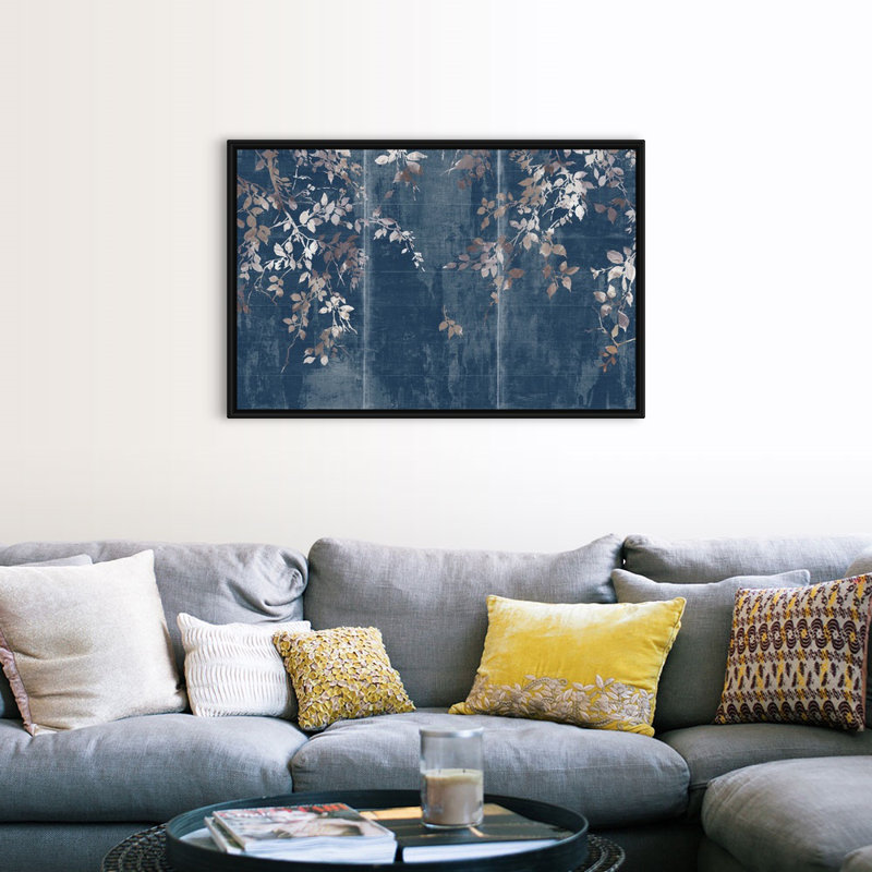 Indigo, art japonais sur toile, jardin japonais, Toile avec cadre noir, H 34 po x l 50 po