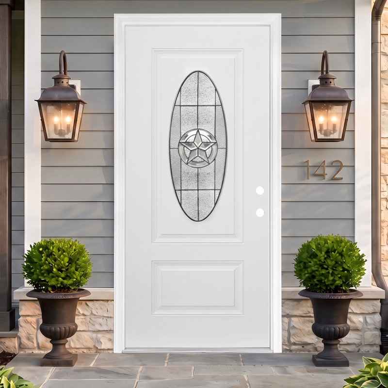 Porte d'entrée Piper 36 po × 80 po en fibre de verre avec cadre, fini lisse blanc, triple vitrage ovale Texas-Star Snowflake