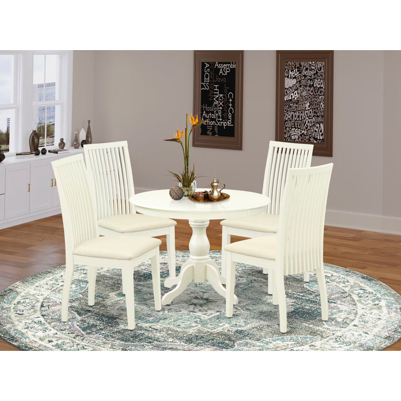 L'ensemble de salle à manger 5 pièces comprend une table de salle à manger ronde avec piédestal et 4 chaises de salle à manger en tissu de lin, 42 x 42 pouces, blanc lin