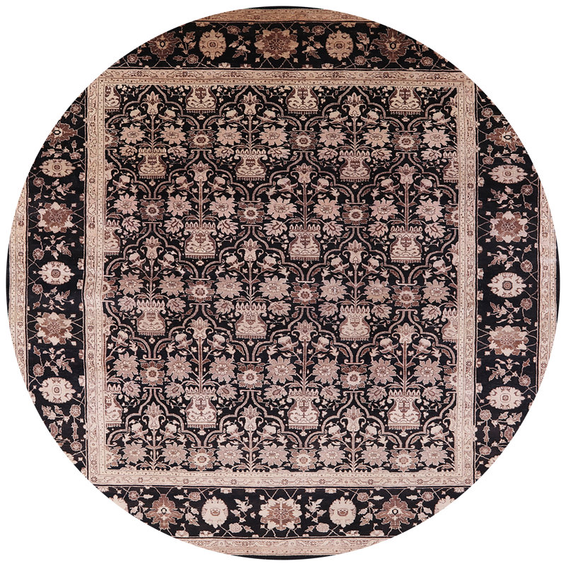 Tapis oriental noir et beige, Rond 5 pi