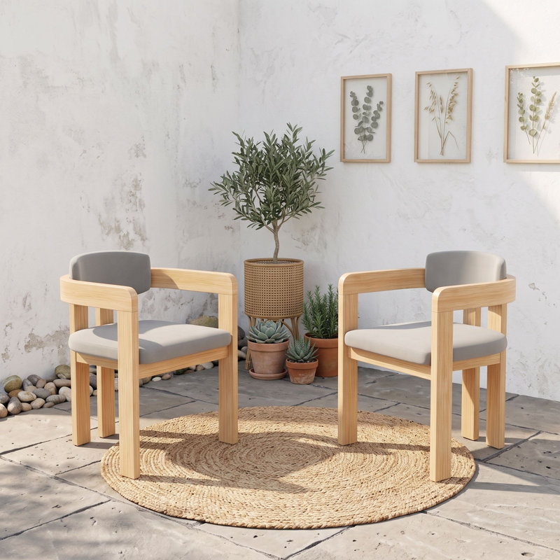 Ensemble de 2 fauteuils de salle à manger d'extérieur en bois massif avec coussins, dossiers courbés et pieds réglables