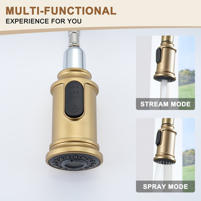 Brushed Gold Single Handle Pull-Out Kitchen Faucet with Deck Plate