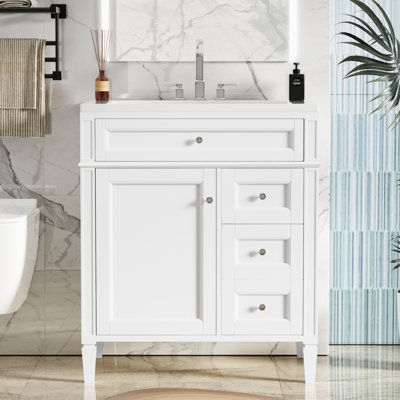 Meuble-lavabo moderne de 30 po avec lavabo supérieur Waguespack, 2 tiroirs, tiroir coulissant, organisateur de porte d'armoire, tablette réglable, glissières de tiroir lisses, rangement divers, pieds romains, poignée texturée, blanc uni
