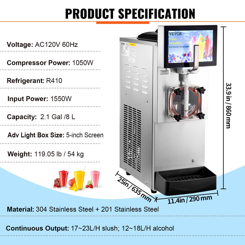 VEVOR Commercial Slushy Machine, 8L / 2.1 Gal Single Bowl, Cool And Freeze Modes, 1050W Stainless Steel Margarita Smoothie Frozen Drink Maker, Slushie Machine For Party Cafes Restaurants Bars Home