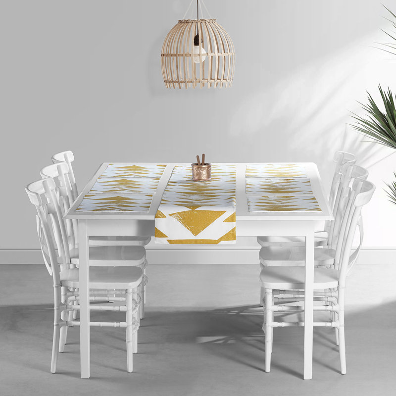 Lanfrank 7 Piece Printed Cotton Table Runner and Placemats for Dining Room Set, Triad Gold