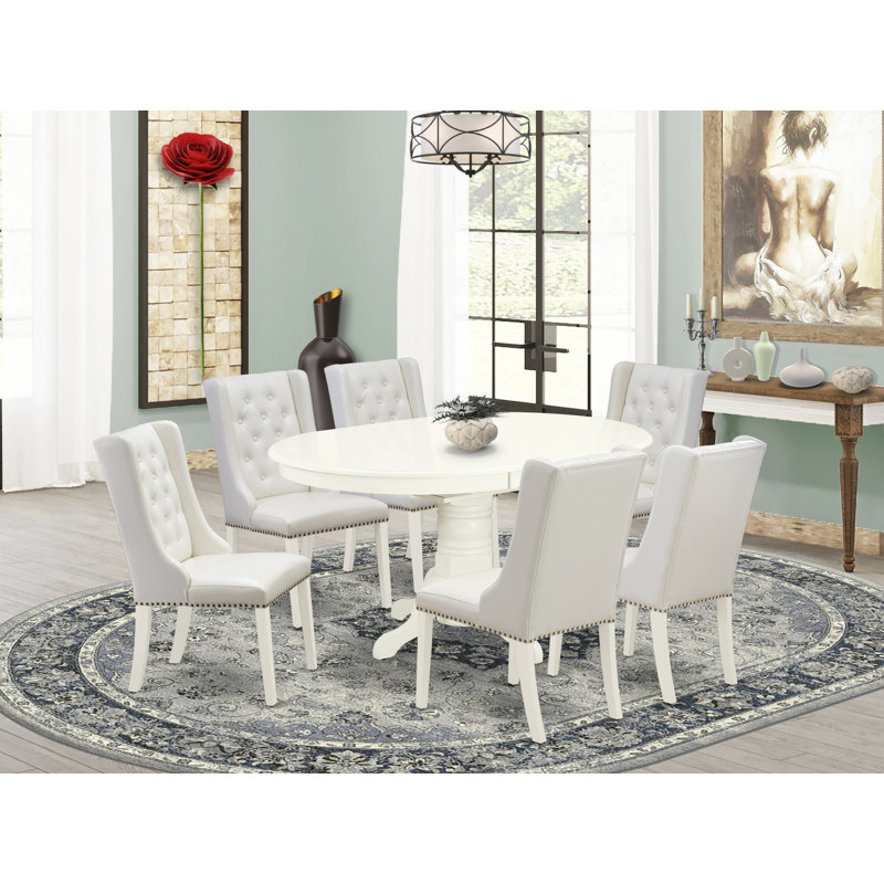Ensemble de salle à manger 7 pièces composé d'une table de salle à manger ovale avec feuille papillon et 6 chaises rembourrées en similicuir gris clair, lin blanc