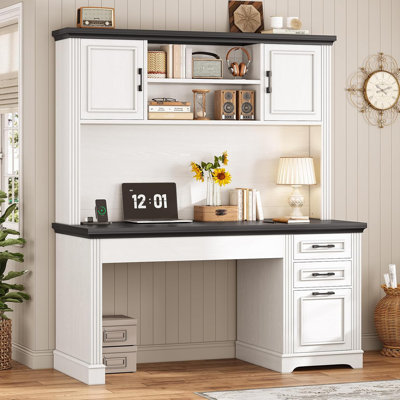 Farmhouse Computer Desk With Hutch And 3 Drawers, 47.2" Executive Office Desk With Storage Drawers, Wood Desk With Power Outlet For Home Office