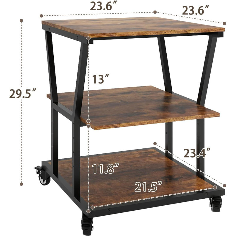 Chariot d'imprimante robuste à 3 niveaux H 29,5 po x l 23,6 po, Bois brun / noir
