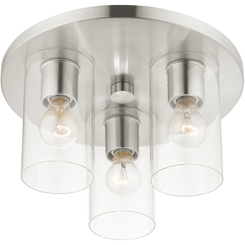 3 Light Flush mount ceiling light fixture with Clear Glass Shade, Brushed Nickel