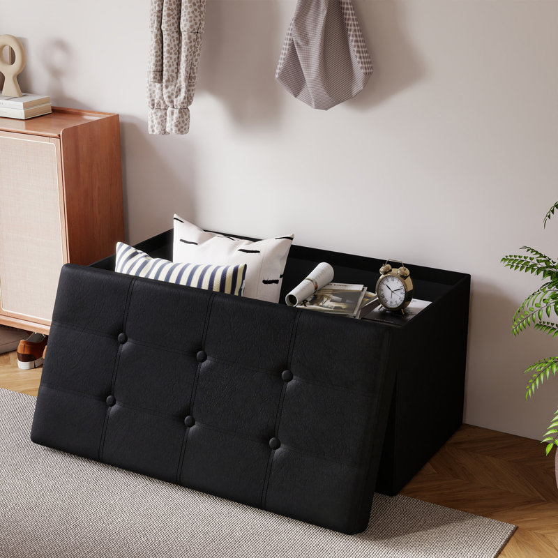 Folding Storage Ottoman Bench, 31.5" Rectangle Foot Rest Stool with Large Capacity, Wooden Top, Black Leather, for Living Room Bedroom