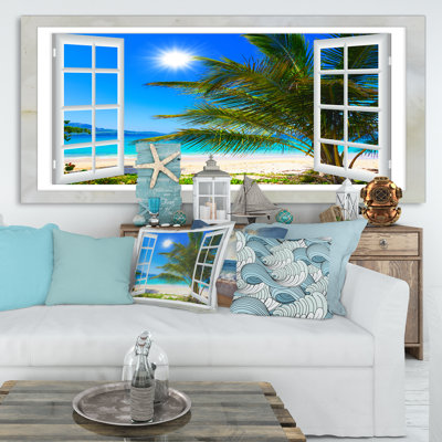 Window Open to Beach with Palm - beach wall art print, Beach and Palm tree canvas print